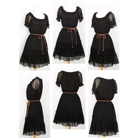 Black Sheer Chiffon Frill Ruffle Shift Dress +BELT - Picture 7 of 8